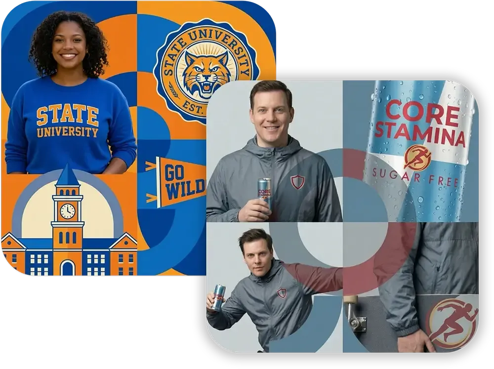 Branded photo booth layout with custom overlays, logos, and AI effects