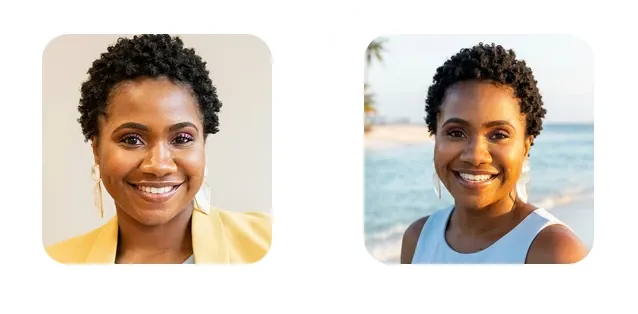 Before and after comparison showing AI identity preservation on a photo booth guest