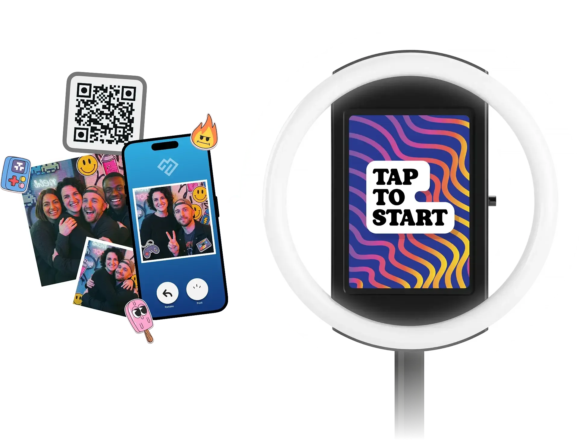 Phone displaying a Virtual Booth QR code link beside an in-person HALO photo booth