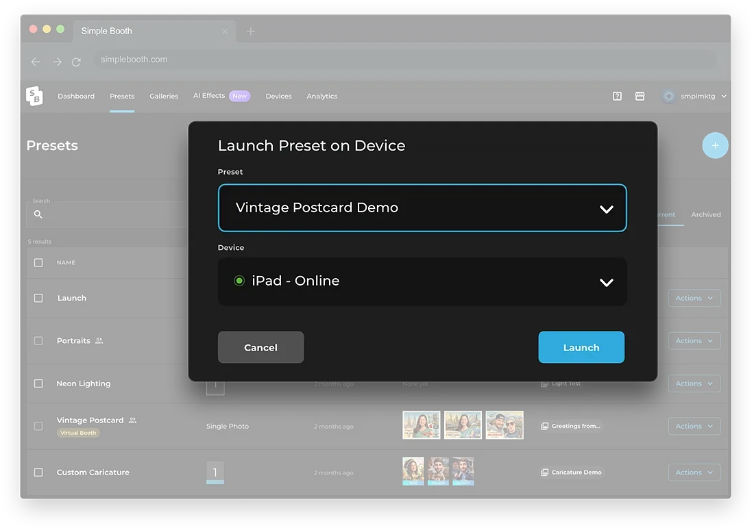 Simple Booth online dashboard view showing remote management options