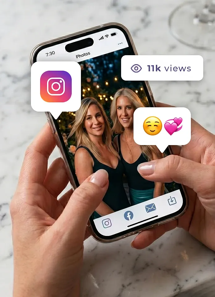 Phone screen showing a Virtual Booth photo being shared to social media