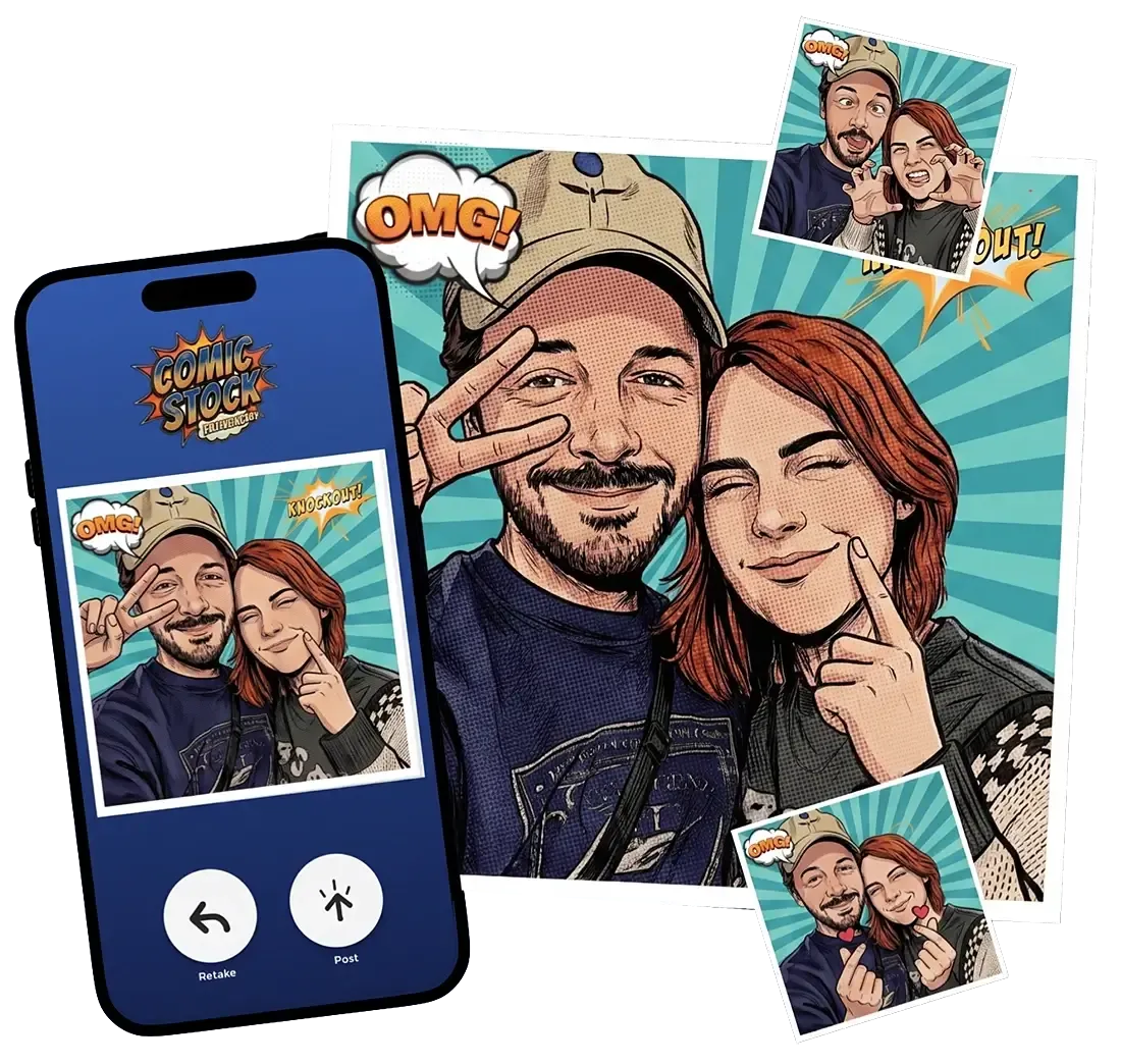Multiple smartphones showing AI-styled photo booth photos taken from a mobile browser