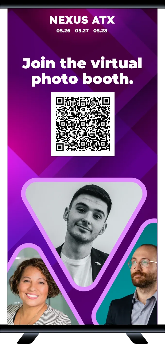 Virtual Booth QR code on a conference banner for attendees to take selfies in a virtual photo booth