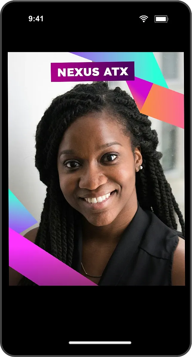 Virtual booth photo on a phone showing a woman at a conference posing for a photo