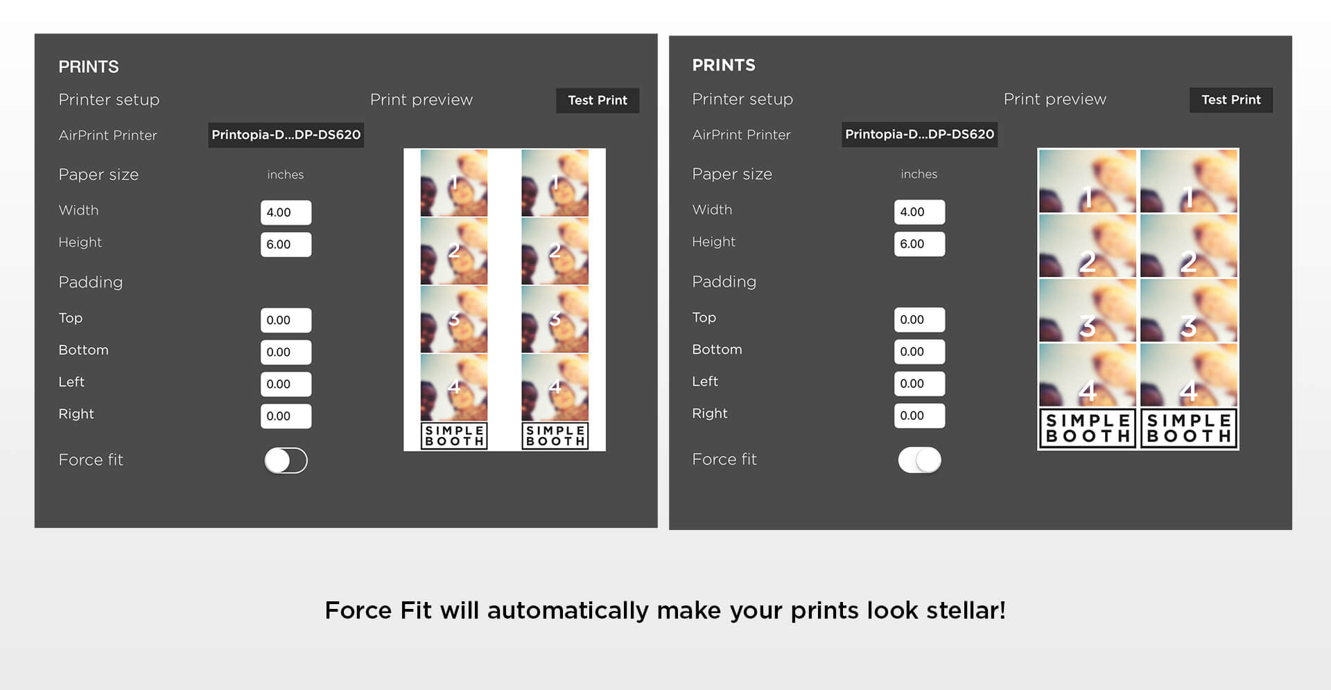 Using Force Fit with Photo Booth Printer