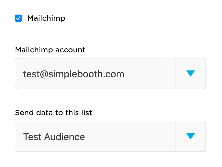 Mailchimp integration settings for a photo booth preset