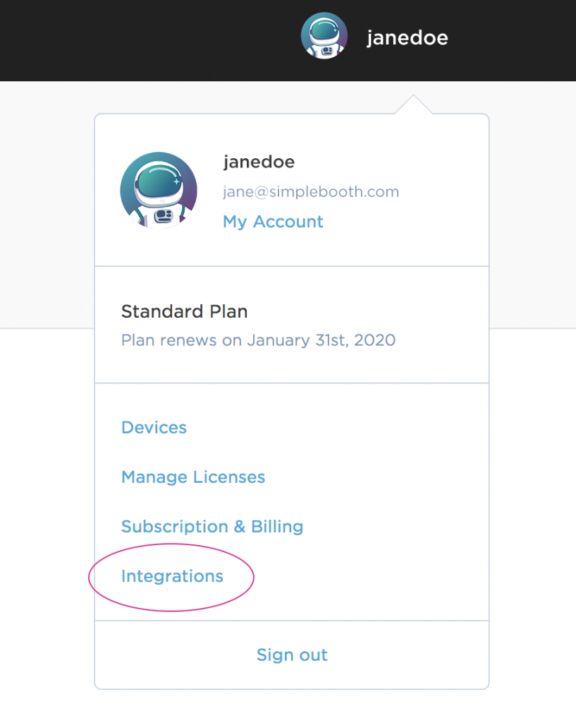 Simple Booth Integrations in Account Dropdown