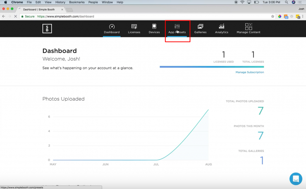 simple booth account dashboard with App Presets location highlighted