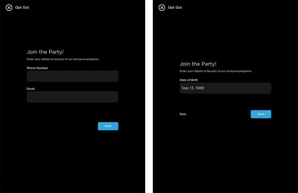 two side by side screens showing the customer data capture screen on the Simple Booth HALO app