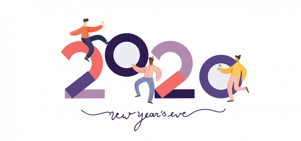 happy new year's 2020 graphic with two people dancing