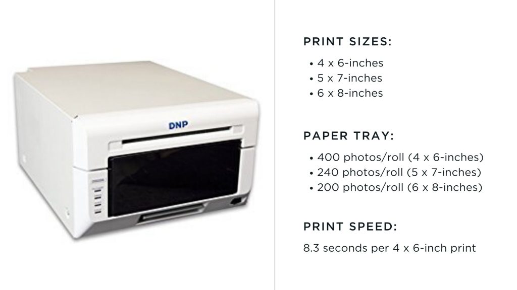 dnp photo booth printer with print size chart