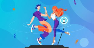 Illustration of two people dancing on a 360 photo booth platform