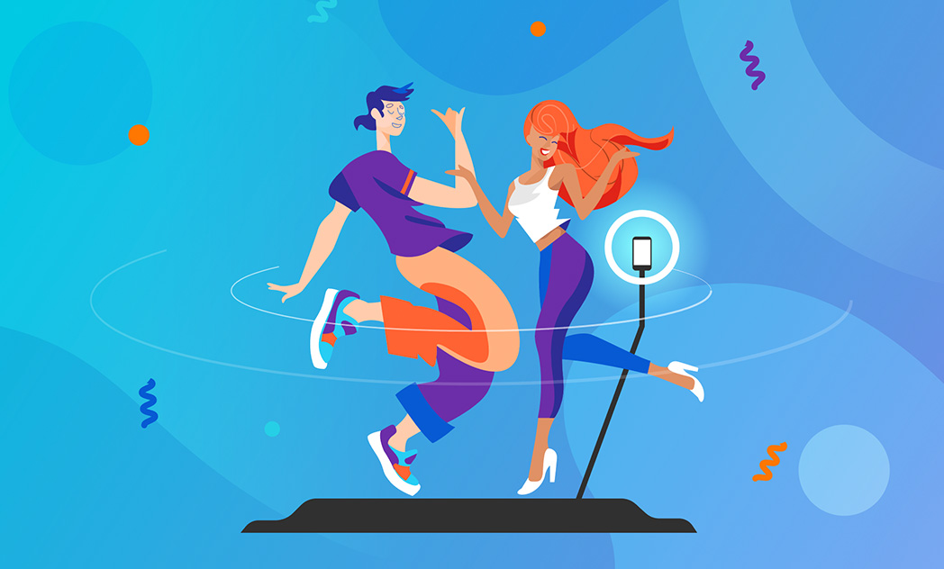 Illustration of two people dancing on a 360 photo booth platform