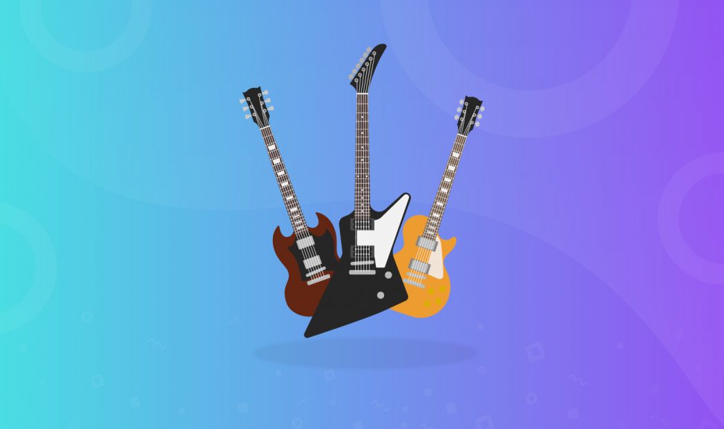 three guitars on a blue and purple background