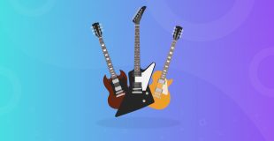 three guitars on a blue and purple background