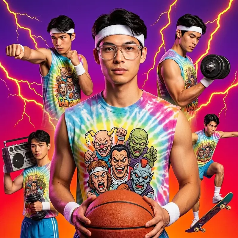 Retro 80s sports poster with tie-dye and lightning AI effect