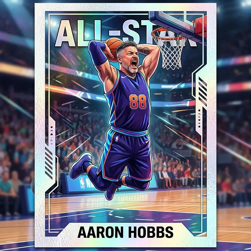 Basketball player dunking on an all-star trading card AI effect