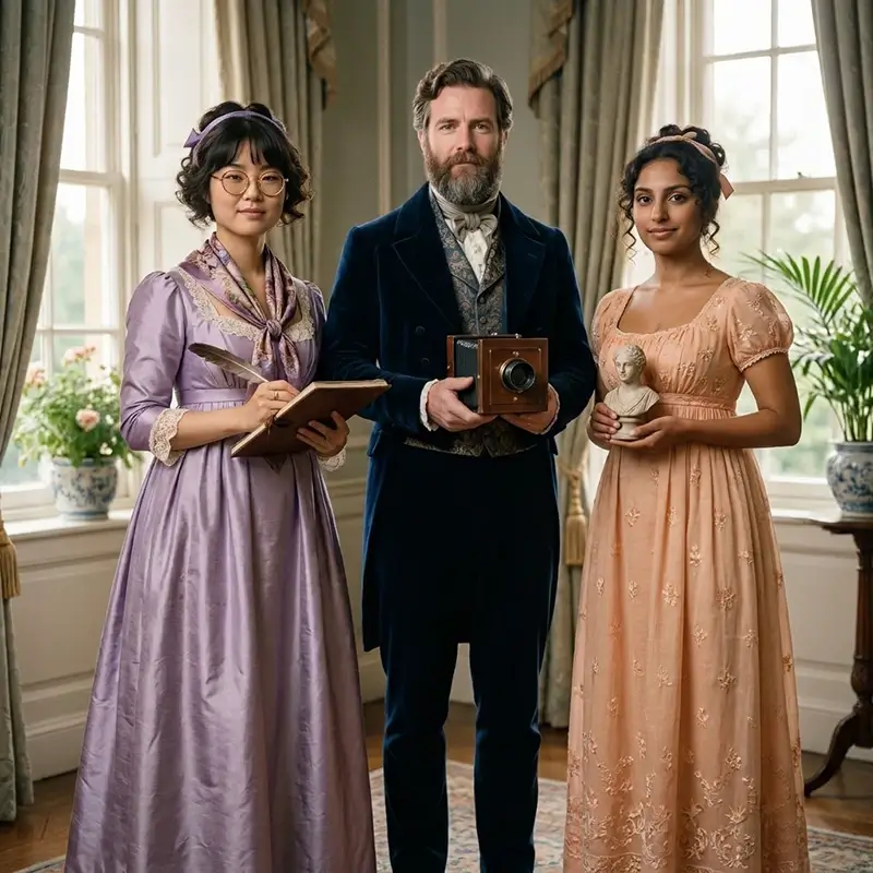 Three guests in 19th-century costume posing in a period drawing room AI effect