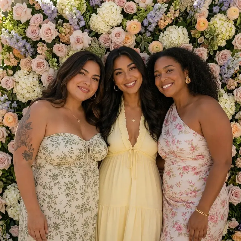 Three friends posing in front of a floral wall AI effect