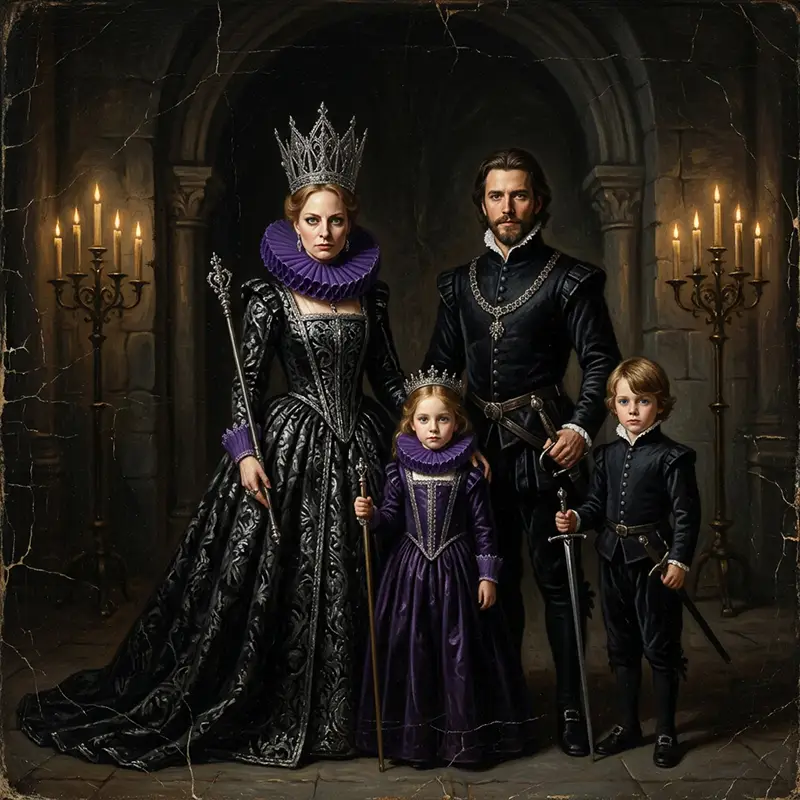 Royal family in a candlelit gothic oil painting AI effect