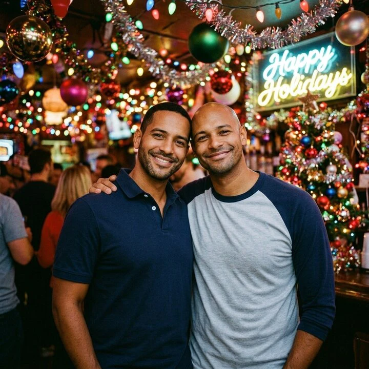 Two friends posing in a bar decked out for the holidays AI effect