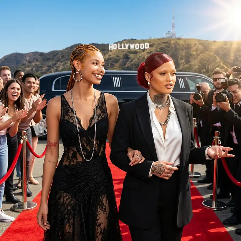 Two guests walking a red carpet under the Hollywood sign AI effect