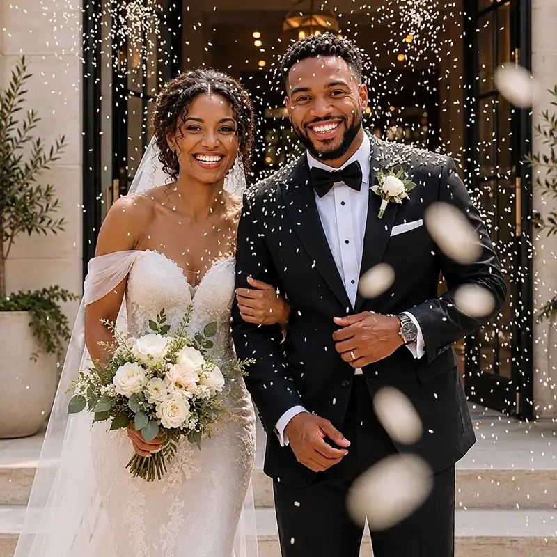 Newlywed couple smiling under falling confetti AI effect