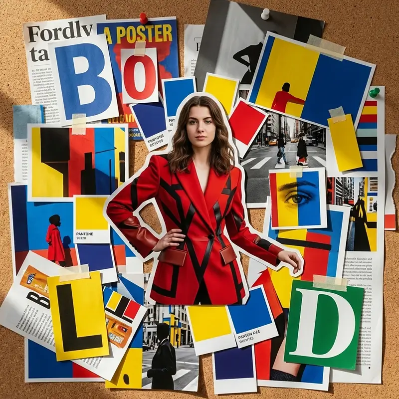 Portrait cutout on a bold collage mood board AI effect
