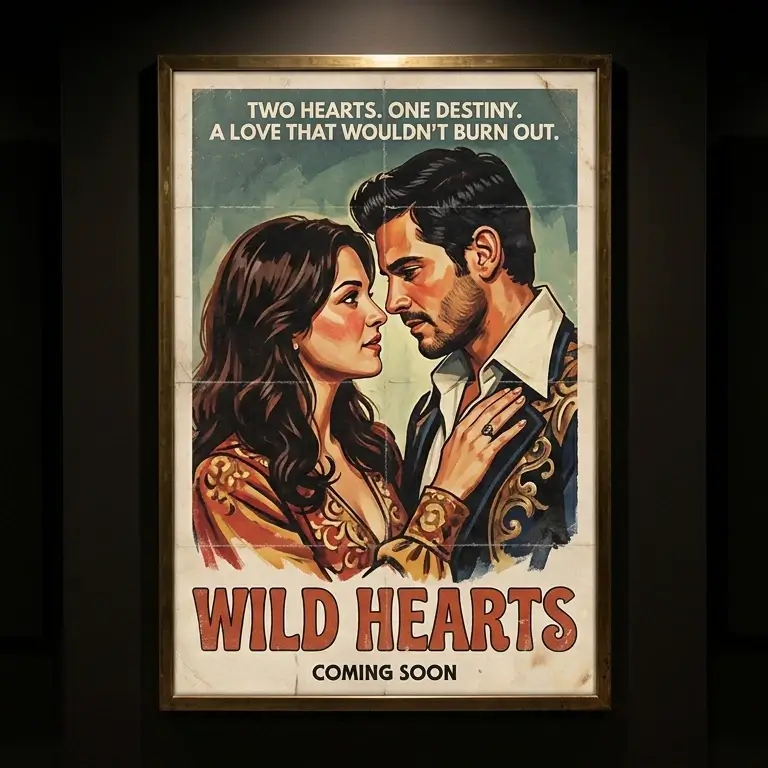 Couple illustrated on a vintage romance movie poster AI effect