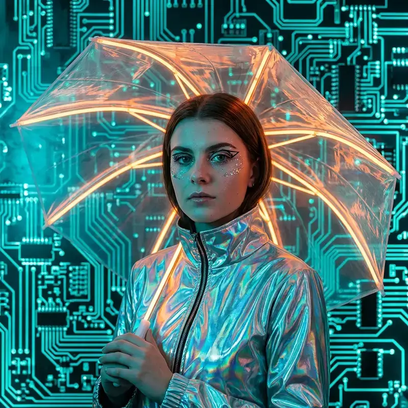 Portrait under a glowing umbrella against a circuit board backdrop AI effect