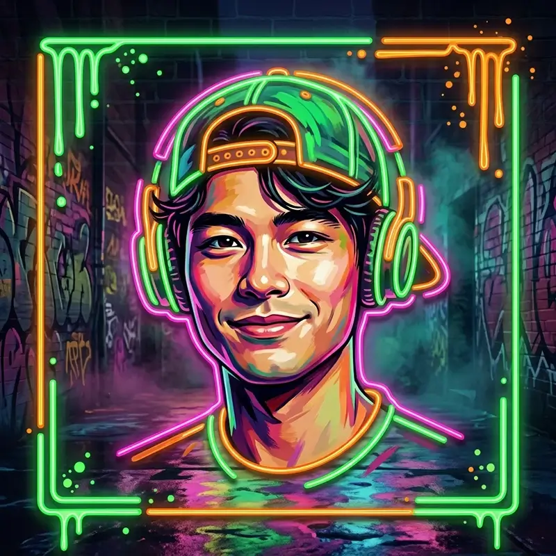 Neon-outlined portrait against a graffiti alley AI effect