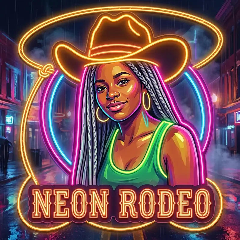 Neon portrait in a cowboy hat on a rainy city street AI effect