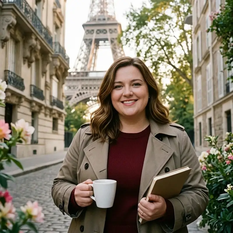 Smiling traveler on a Paris street in front of the Eiffel Tower AI effect