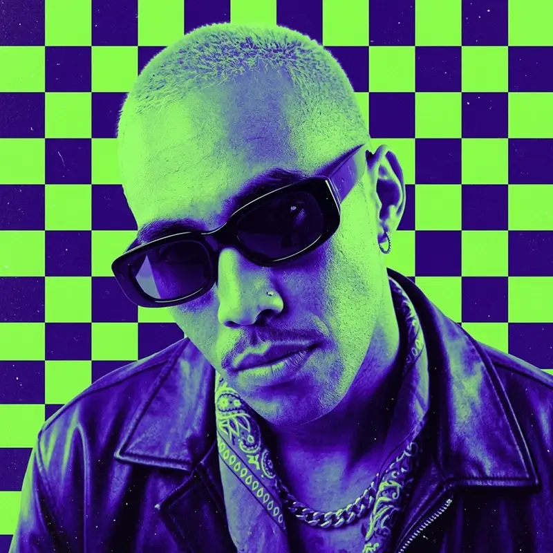 Blue-toned portrait in oversized sunglasses on a checkered backdrop AI effect