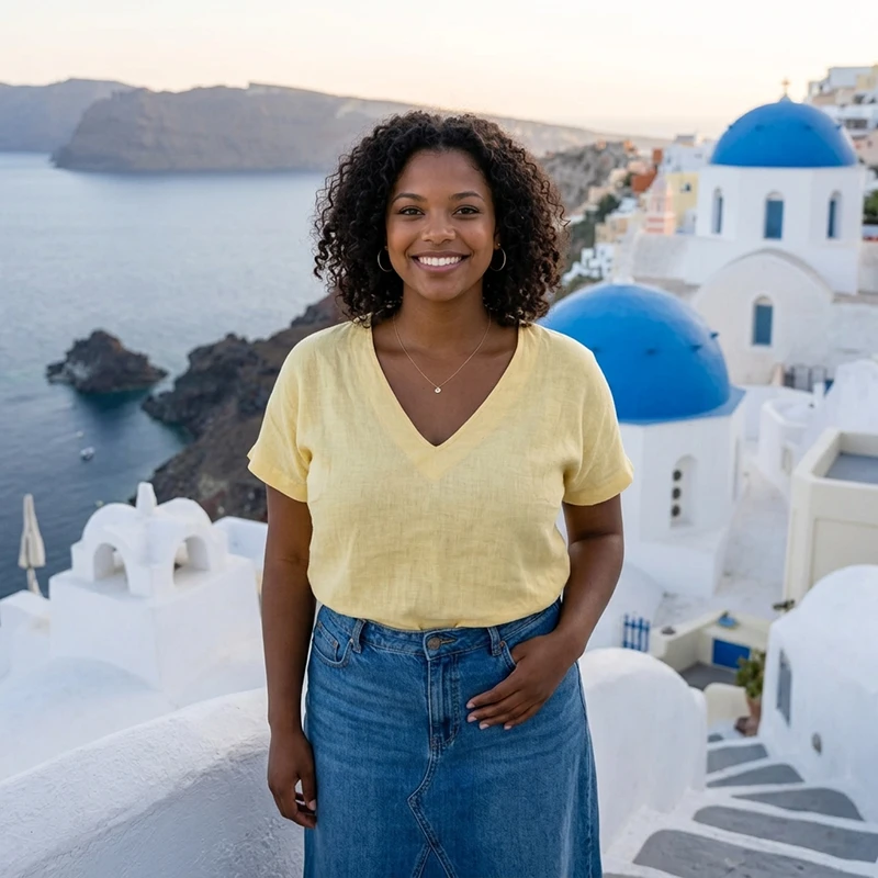Smiling traveler above the blue domes and sea of Santorini AI effect