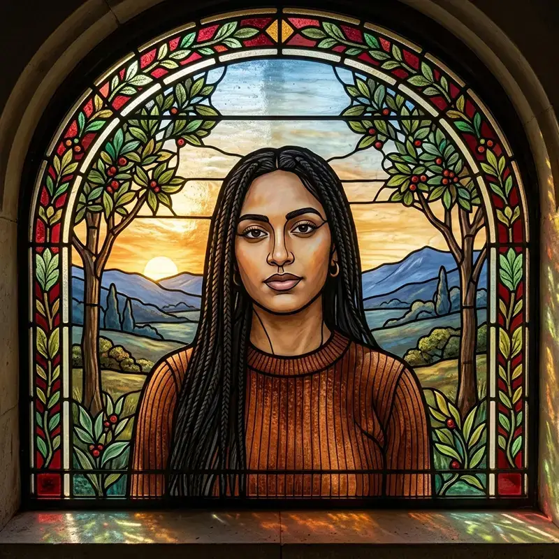Portrait rendered as an arched stained glass window AI effect