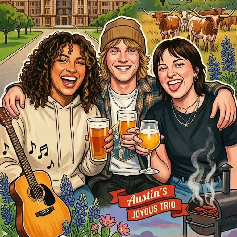 Friends illustrated on a Greetings from Austin vintage postcard AI effect