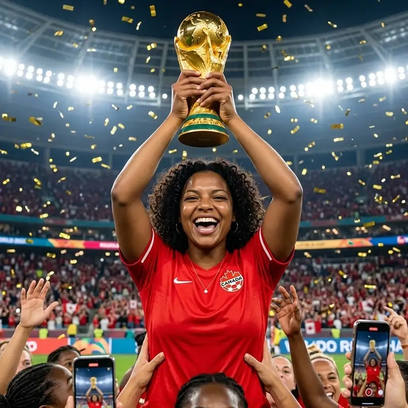 Soccer fan lifting a trophy in a confetti-filled stadium AI effect